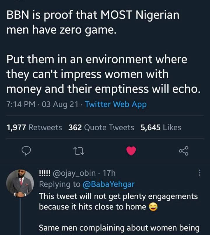 BBNaija is proof that most Nigerian men can't impress women without money  - Nigerian men tweet