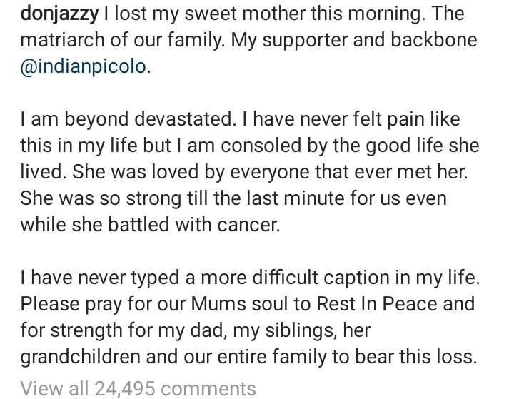 Don Jazzy devastated as he loses mother to cancer