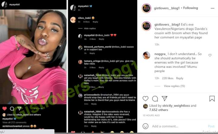 'May we not come across such in-laws' - Netizens drag Davido's cousin for her comment on Mya Yafai's page
