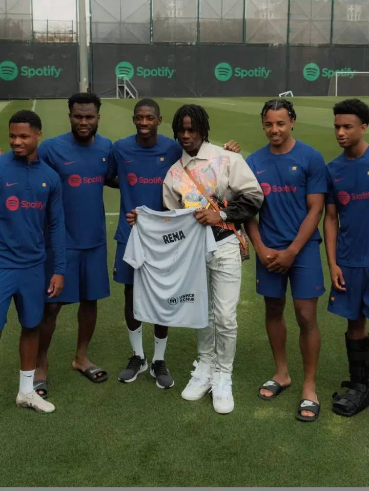 Rema enthralls FC Barcelona stars with mesmerizing performance in spain (Video)