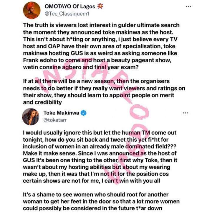Toke Makinwa lambasts lady who questioned her credibility as host of Gulder Ultimate Search