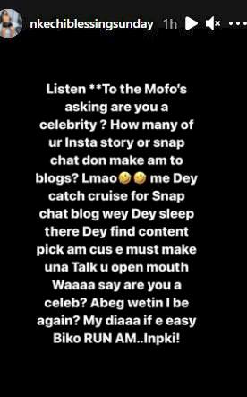 'How many of your Insta stories don make am to blog' - Nkechi Blessing blasts those who says she's not a celebrity