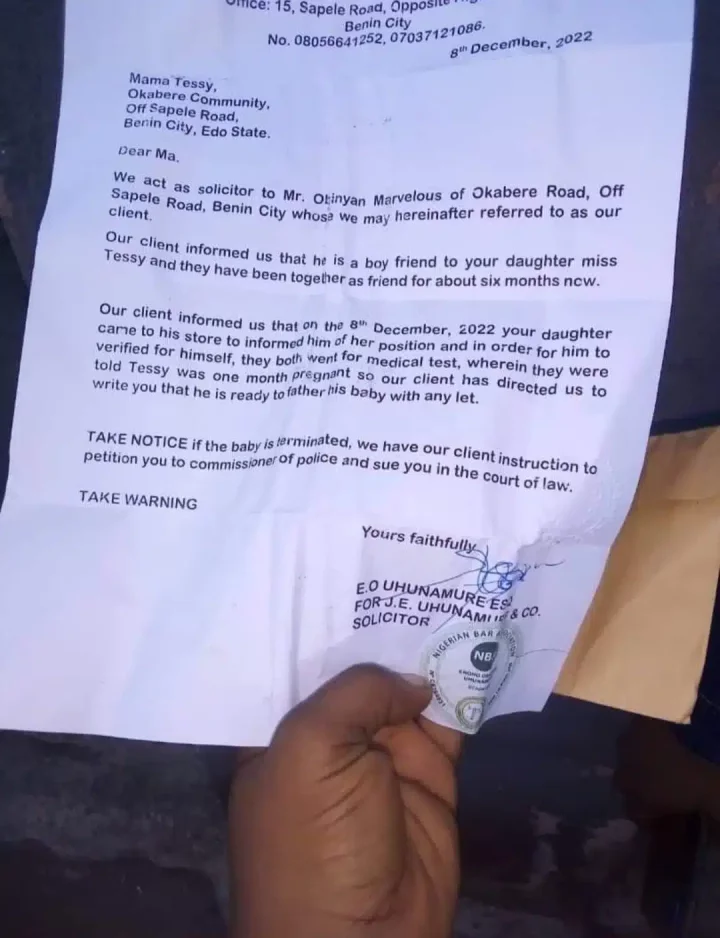 'I will sue you if this baby is terminated' - Benin man sends written notice to pregnant girlfriend's mother