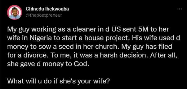 Man working as cleaner in US divorces wife for sowing N5M meant for house project as seed in church