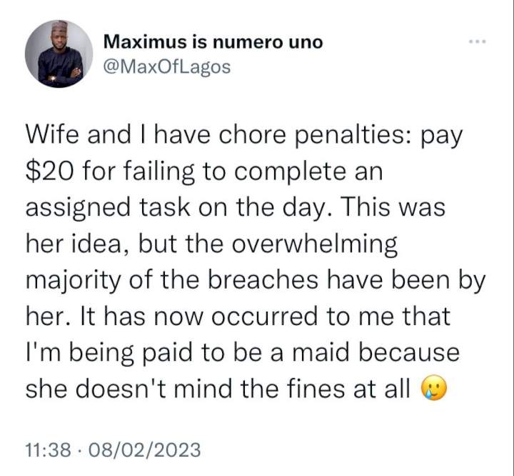 'I'm being paid to be a maid' - Husband cries out as he reveals clever way his wife got him to do more chores