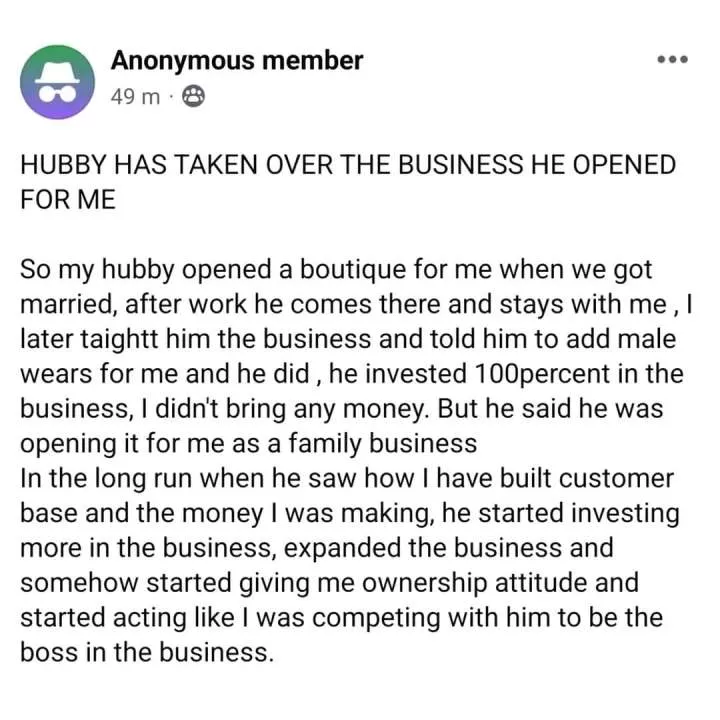 Lady laments after her husband took over business he opened for her