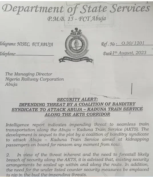 Leaked memo: Bandits will attack Abuja-Kaduna Train soon - DSS