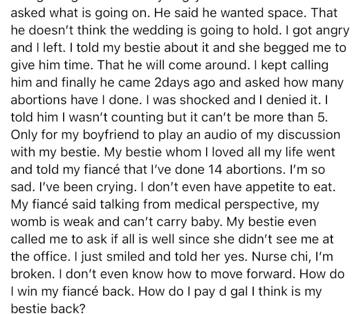 How my bestie I helped get a job told my fiancé I've done 14 abortions - Lady tearfully spills