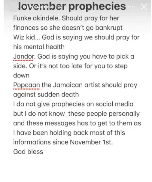 Cynthia Morgan shares prophecies about Wizkid, Funke Akindele, Jandor and Popcaan