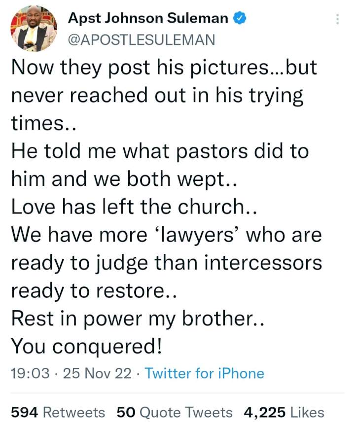 'Love has left the church' Apostle Johnson Suleman calls out pastors who judged Sammie Okposo but are now posting tributes following his death