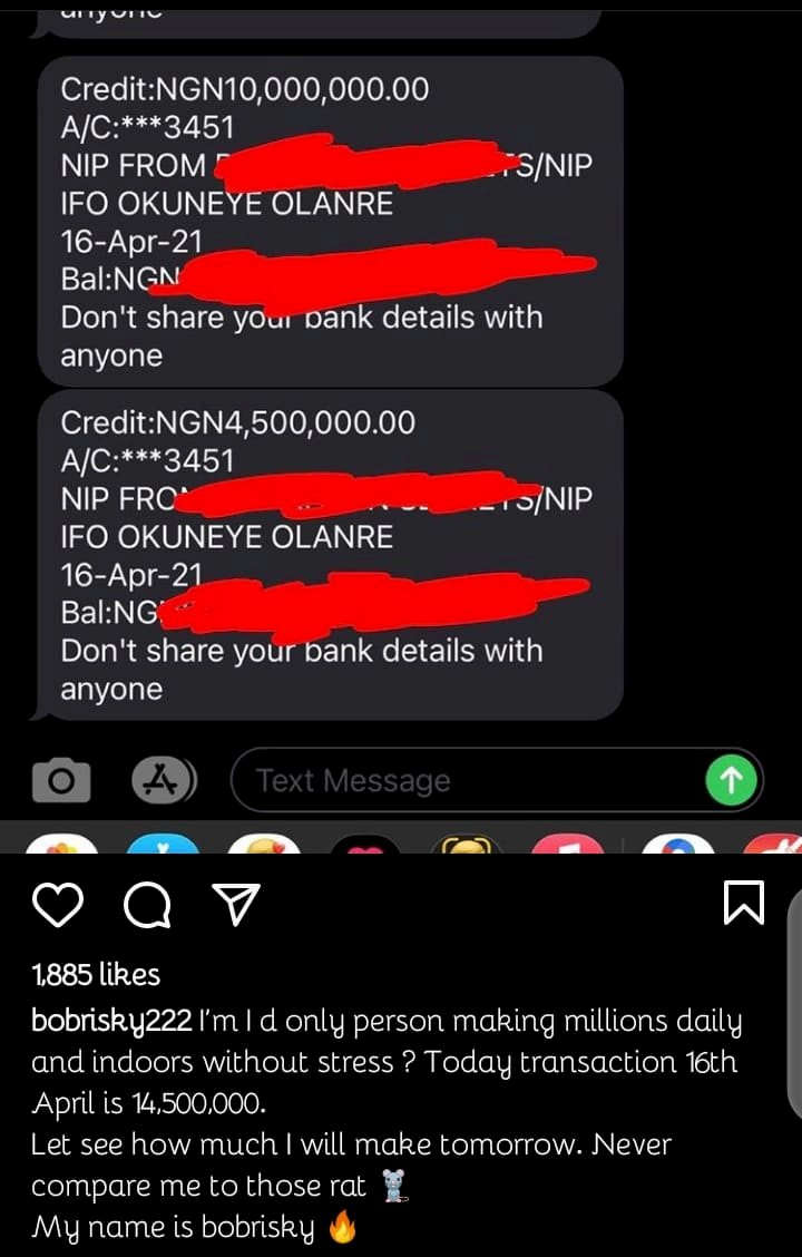 'Never compare me to those rat' - Bobrisky says as she flaunts N14.5M worth of profit for today's job