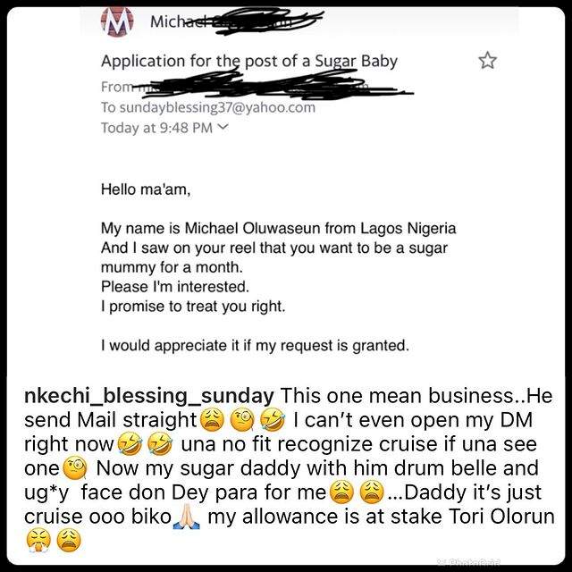 Nkechi Blessing shares email received from man who applied to be her sugar boy