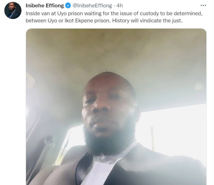 Lawyer Inibehe Effiong shares photo of him in a van at Uyo prison after a judge sentenced him to one month in prison for allegedly asking that armed police officers in court be removed