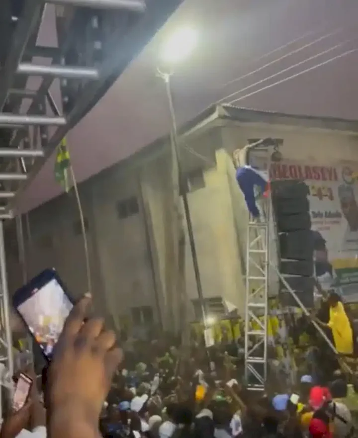 'Wahala wahala' - Portable screams after climbing platform where he almost fell from (Video)