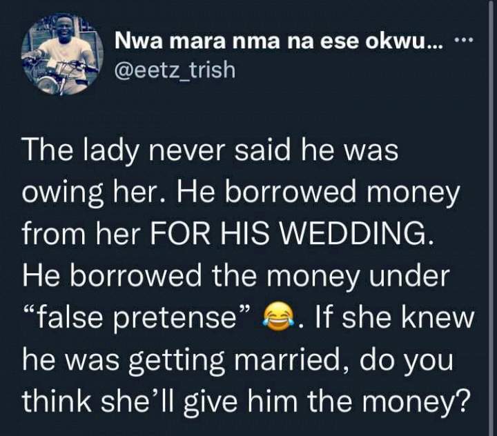 Man called out for borrowing N400K from girlfriend to do wedding with another woman