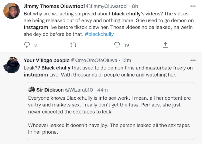 Nigerian TikTok star Black Chully called out for allegedly 'lying about not knowing how her sex tape got leaked; she has been 'hosting live videos' of her sex content on Instagram since 2020