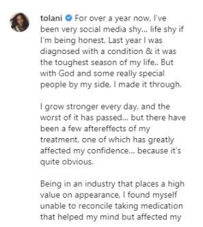 Dj Cuppy's sister, Tolani opens up on being diagnosed of medical condition