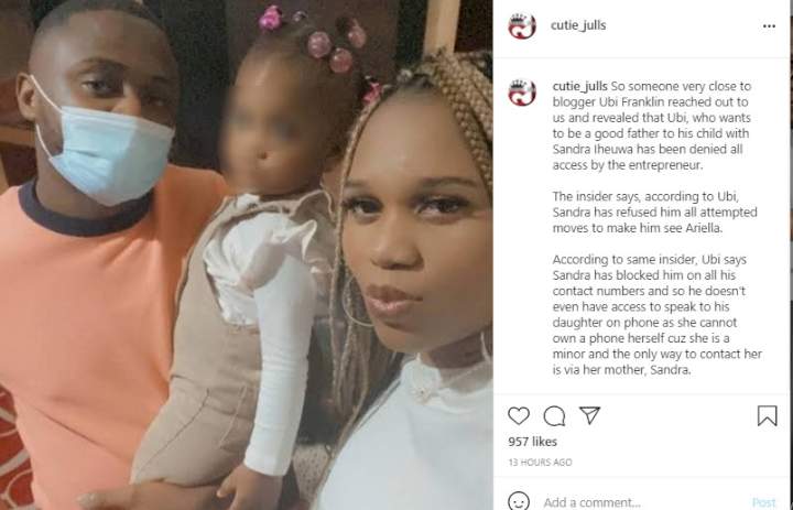 Ubi Franklin's fourth baby mama, Sandra Iheuwa denies him access to his daughter