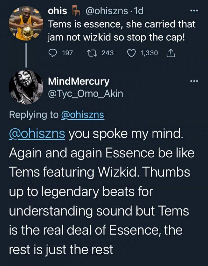 'Tems is the real deal on 'Essence' not Wizkid' - Man triggers reactions