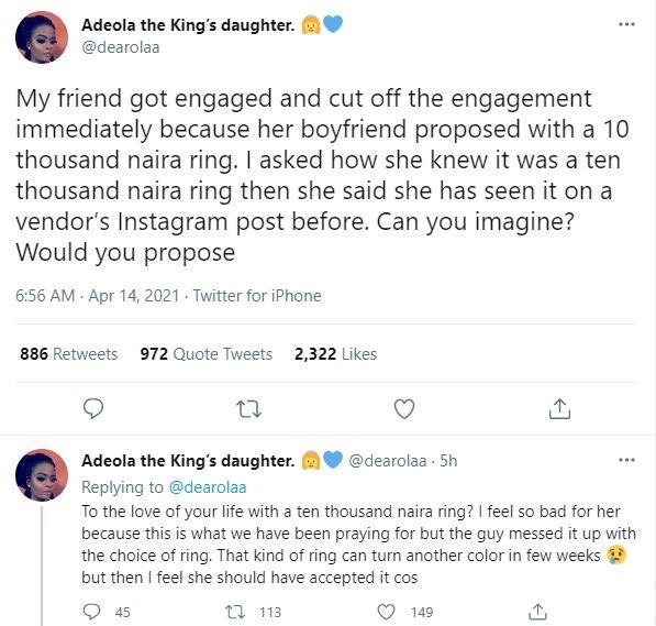 Lady breaks up with boyfriend for proposing with N10K engagement ring
