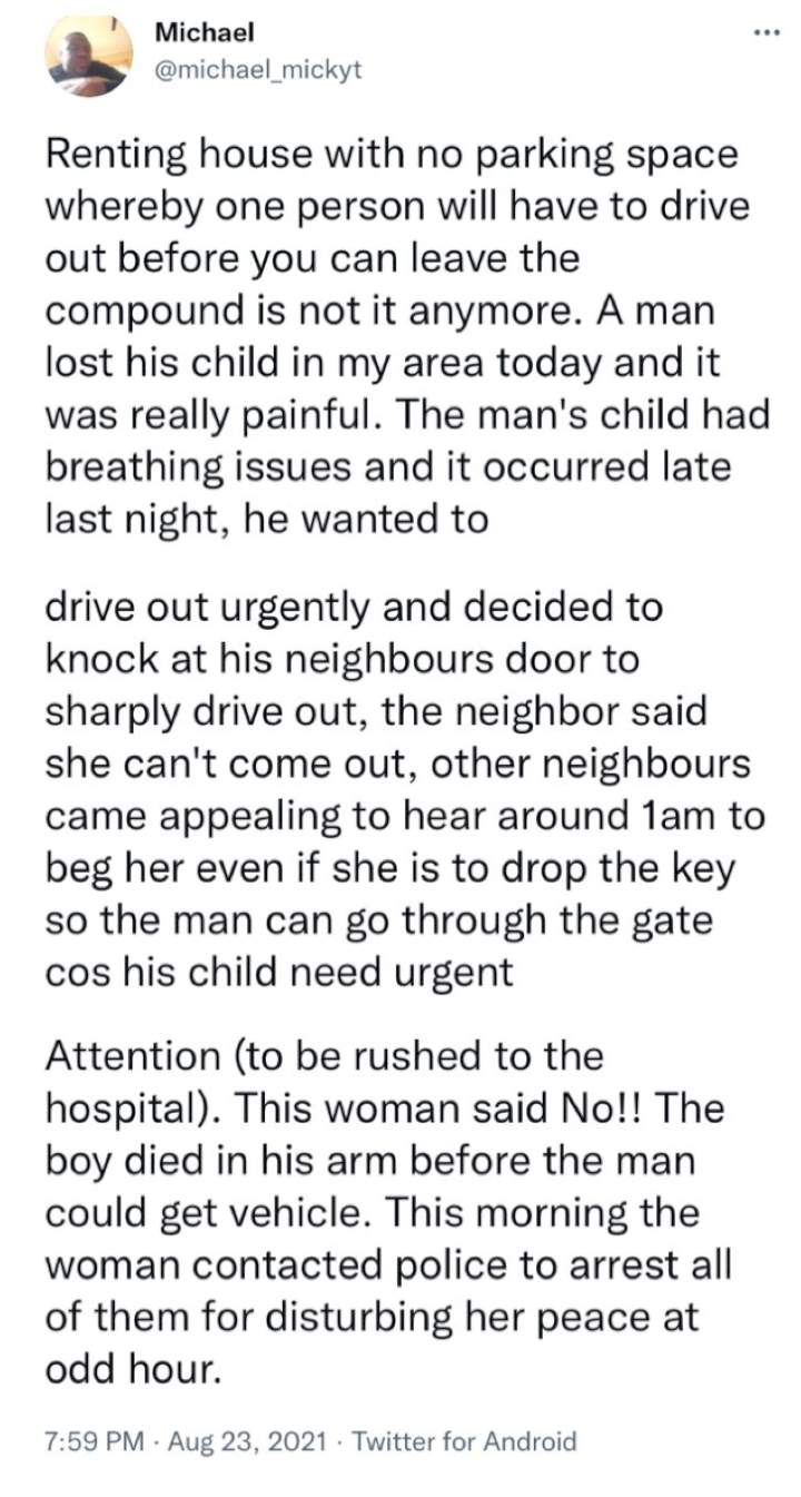 Man who lost his child gets arrested by lady who refused to move her car to enable him rush his sick child to the hospital