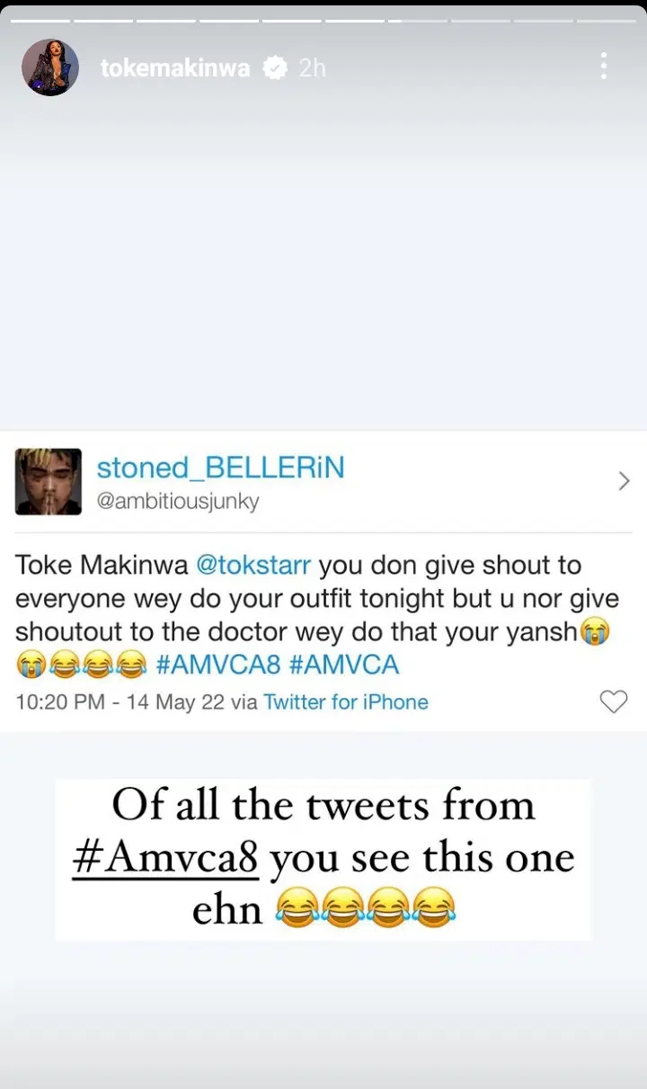 Toke Makinwa reacts as Twitter user calls her out for not giving 'shout out to doctor that did her yansh'