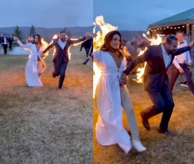 Bride and groom set themselves on fire during wedding send off (video)