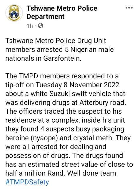 Five Nigerian nationals arrested with drugs in South Africa 