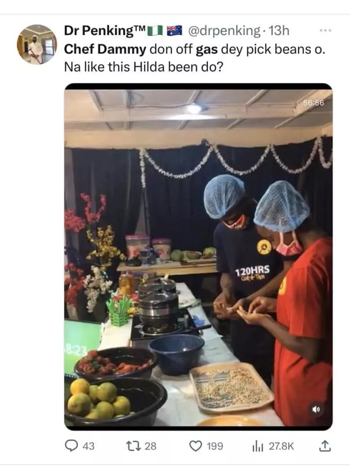 Ekiti-based Chef Dammy who is trying to break Chef Hilda Baci's record for longest cooking turns off gas to pick beans