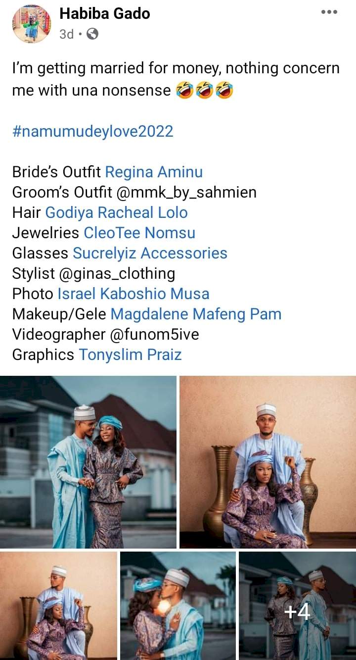 'Na mumu dey love; I'm getting married for money' - Lady declares as she shares pre-wedding photos