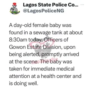 Police rescue abandoned a day-old baby from sewage tank in Lagos.