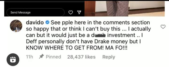 Davido responds as Twitter user reports him to Drake after he said his N1.7bn chain is a dumb investment