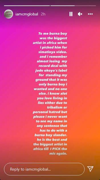 Songstress, Cynthia Morgan has taken to social media to affirm that the Grammy winner, Burna Boy is the biggest artiste in Africa