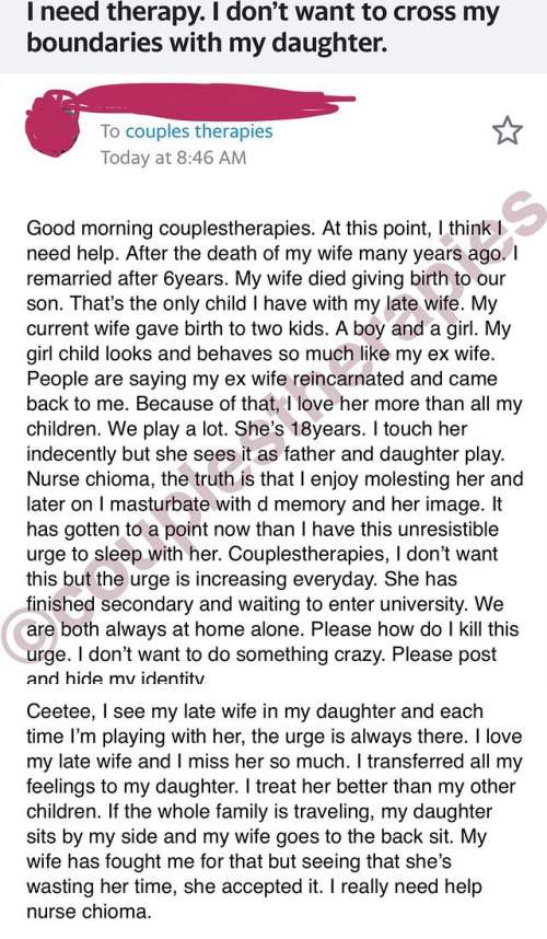 'I have an irresistible urge to sleep with my child' - Man cries out over daughter's resemblance with late wife