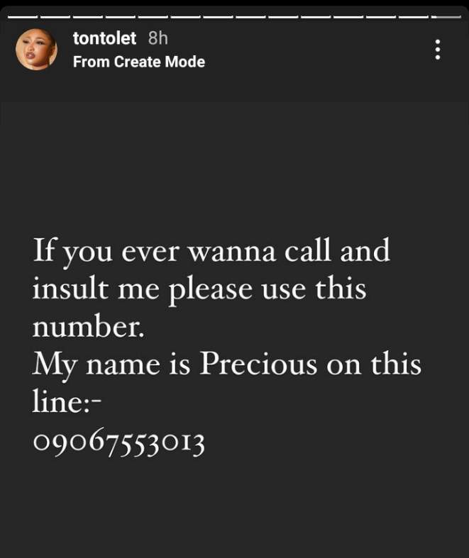 'If you want to call and insult me, please use this number' - Tonto Dikeh releases her phone number to trolls (Screenshot)
