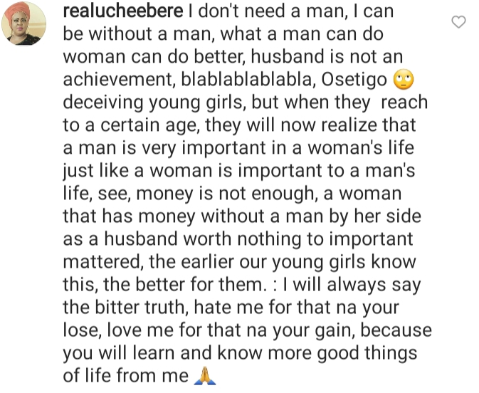 'A wealthy woman is nothing without a man' - Actress, Uche Ebere shades Toke Makinwa