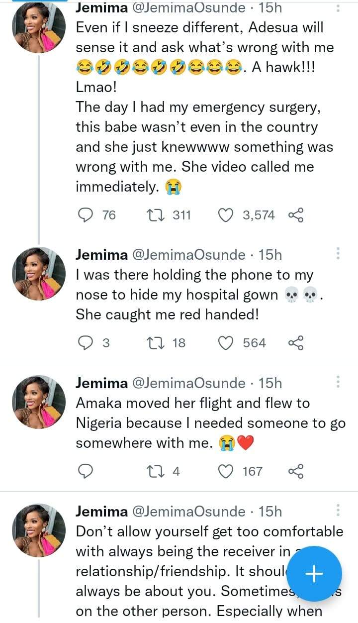 'Even if I sneeze different, Adesua will sense it and ask what's wrong' - Jemima Osunde speaks on her adorable friendship with Adesua Etomi