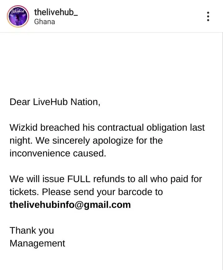 'Wizkid breached his contractual obligation last night' - Show organizers release official statement; assure fans of refund