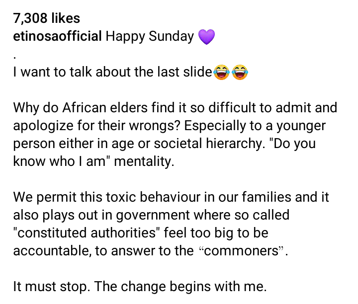 Actress, Etinosa Idemudia questions why African elders fail to apologize when wrong