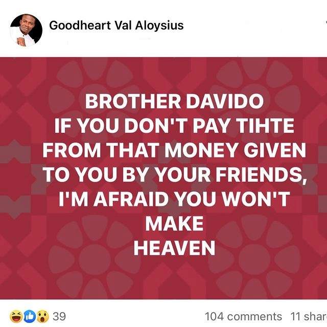 'You won't make heaven if you don't pay tithe from that money' - Pastor drags Davido over N250M crowdfunding
