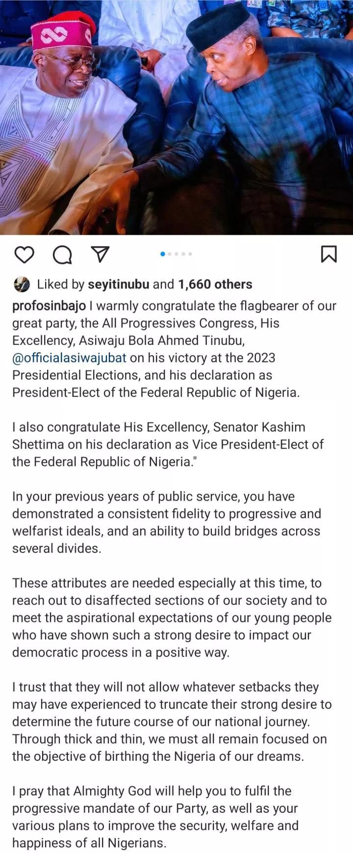 VP Yemi Osinbajo congratulates Bola Tinubu after INEC announced him winner of the presidential election