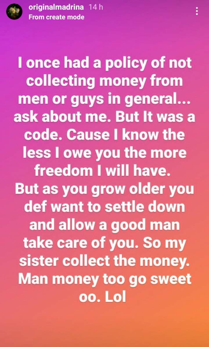 'My sister collect the money' - Cynthia Morgan sheds light on why she changed her policy on not collecting money from men