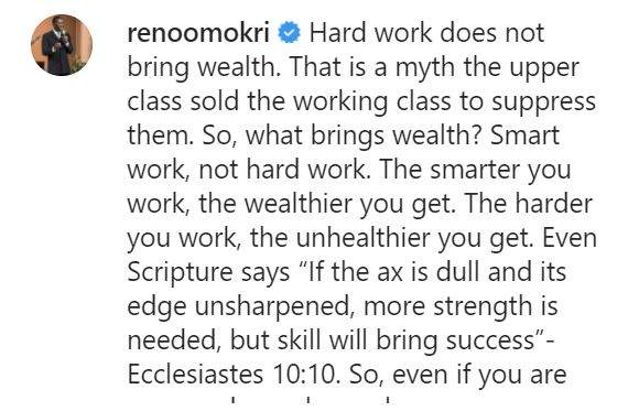 'Hard work does not bring wealth' - Reno Omokri insists, calls it unhealthy