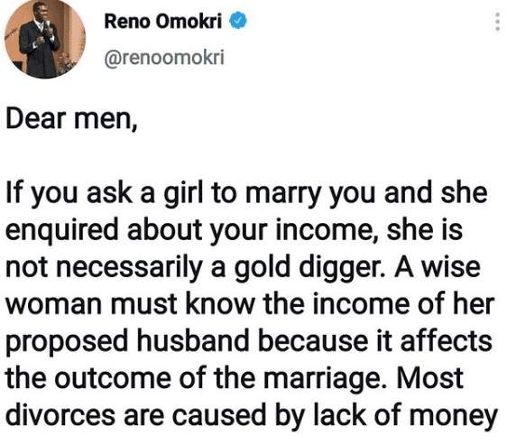 'Women that ask about men's income before marriage are not necessarily gold diggers' - Reno Omokri