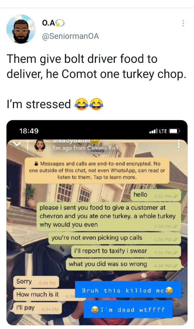 Bolt driver eats turkey from customer's food which he was asked to deliver