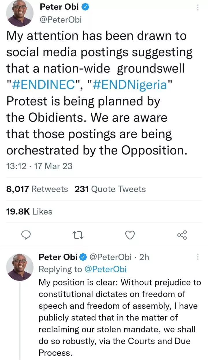 'We are aware that those postings are being orchestrated by the opposition' Peter Obi reacts to allegations Obidients are planning 'EndINEC' and 'EndNigeria' protest