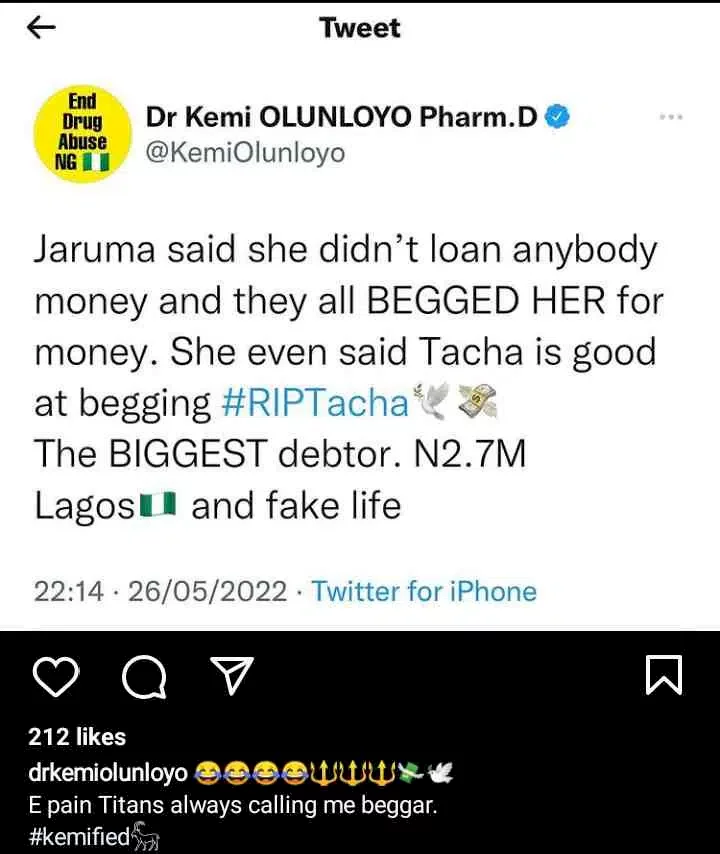 The shameful thing Jaruma said about Tacha - Kemi Olunloyo reveals, mocks reality star