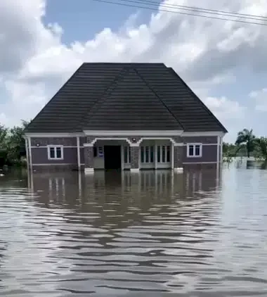 Lady cries uncontrollably as flood swallows her mansion in Bayelsa (Video)