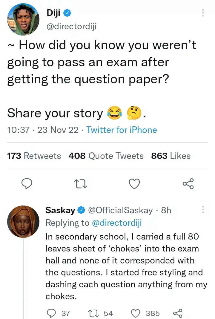 'I once carried 80 leaves full of 'chokes' into an exam hall' - Saskay spills