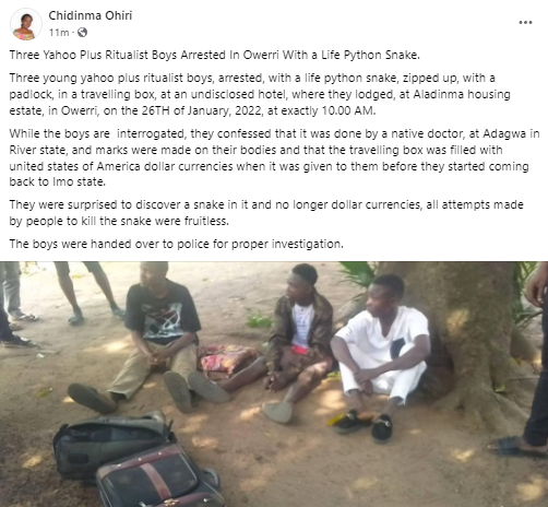  Suspected Yahoo boys arrested in a hotel after being caught with live snake in their luggage